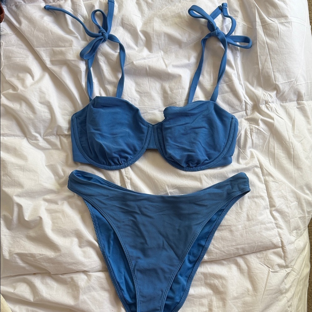 Abercrombie & Fitch Blue Ribbed Tie-Shoulder Bikini